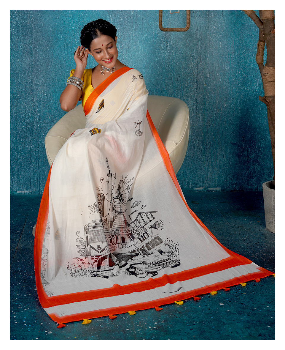 Kolkata Theme Mulmul Cotton Saree