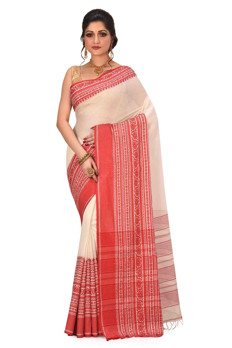 Begumpuri White and Red Cotton Saree