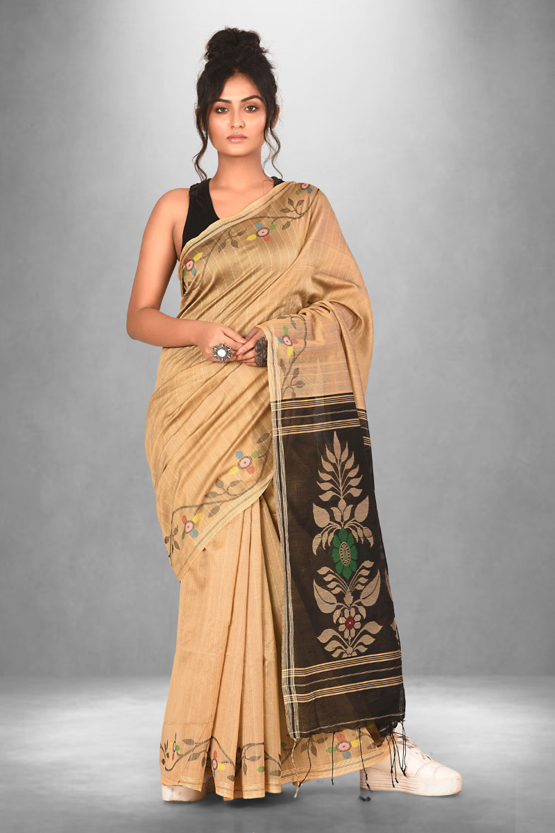 Beige and Black Jamdani Silk Cotton