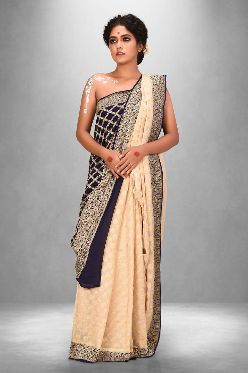 Beige and blue Khaddi Georgett Benarasi