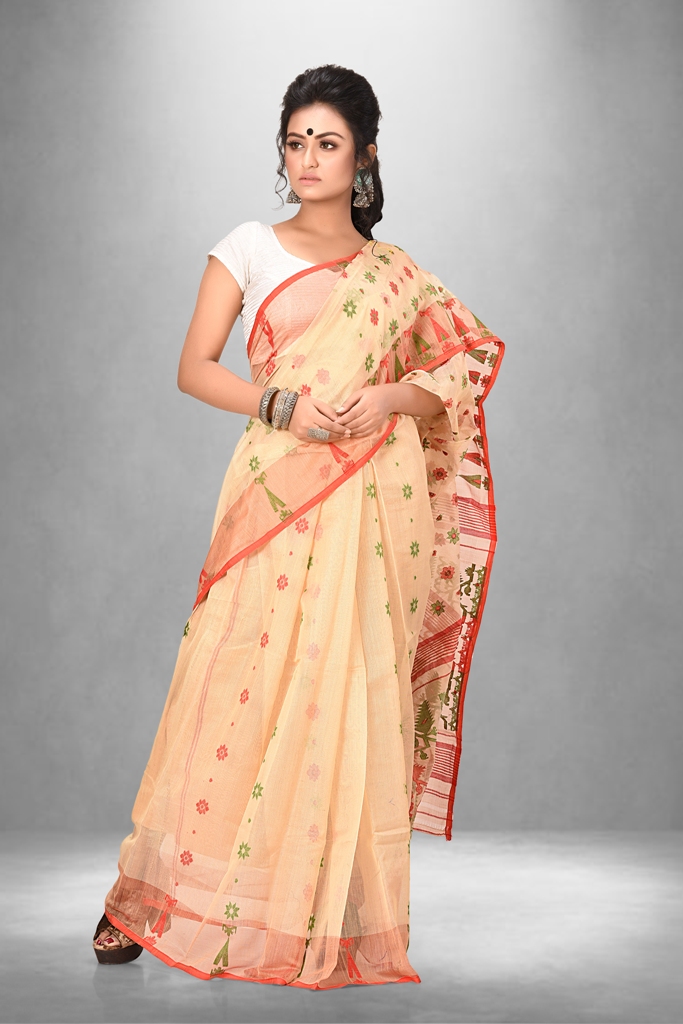 Beige colour madhavi lata woven work soft cotton dhakai