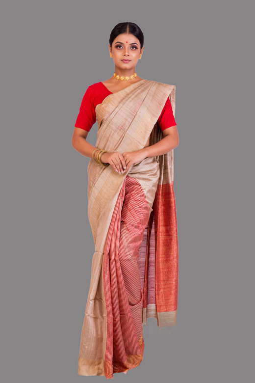 Beige Half and Half Tassar Saree with Red Pallu