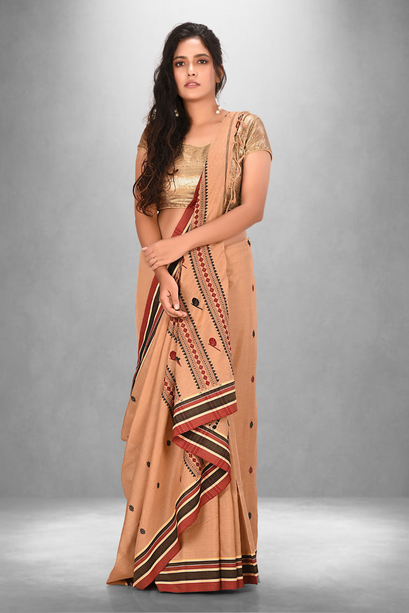 Beige Khadi Saree with Bengal Hand Fan motif