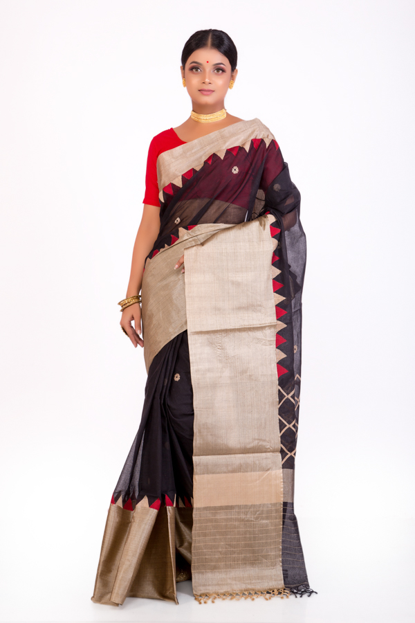 Black Cotton Saree with Muga Silk Border