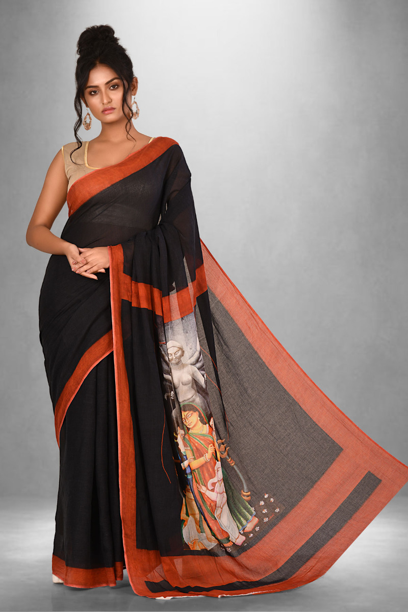 Black Durga Mulmul Saree