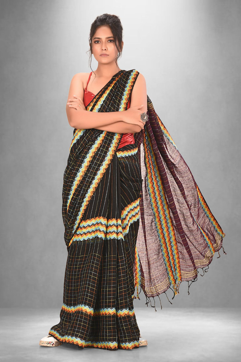 Black Linen Multicolour Saree