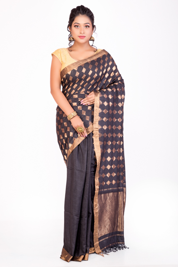 Black Tassar saree with Golden Motifs