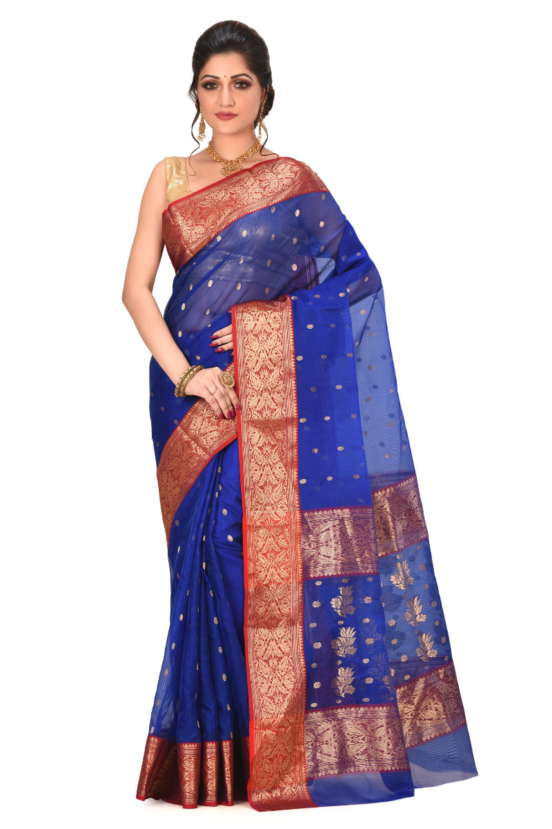 Blue Chanderi saree with Benarasi Border