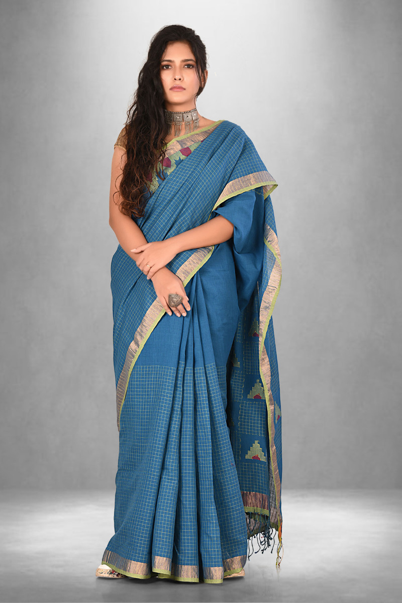 Blue Cotton Handloom saree with Zari Border