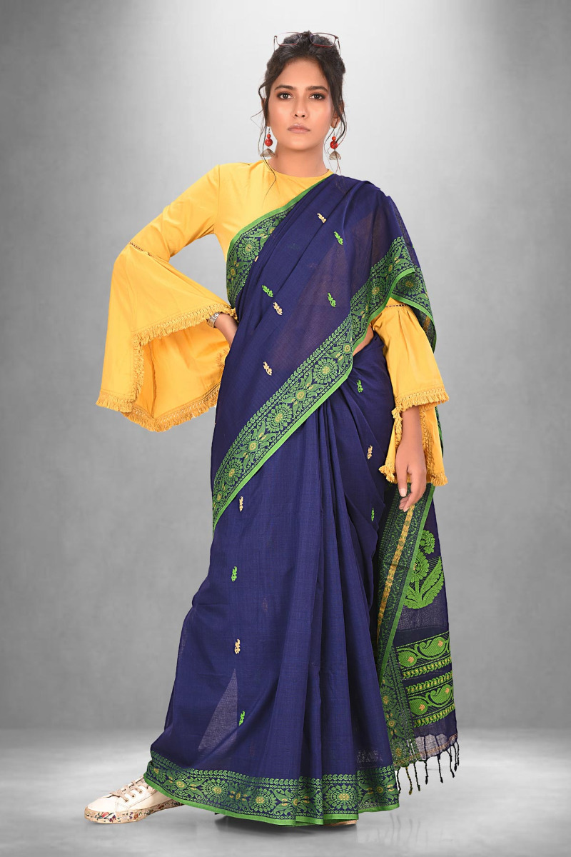 Blue Cotton saree with Baluchari Motifs