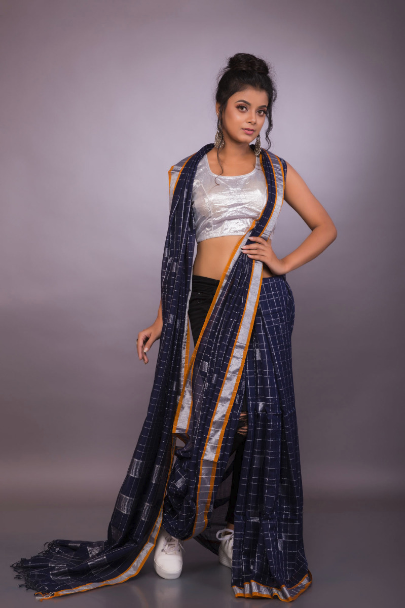 Blue Cotton Saree with silver Checks