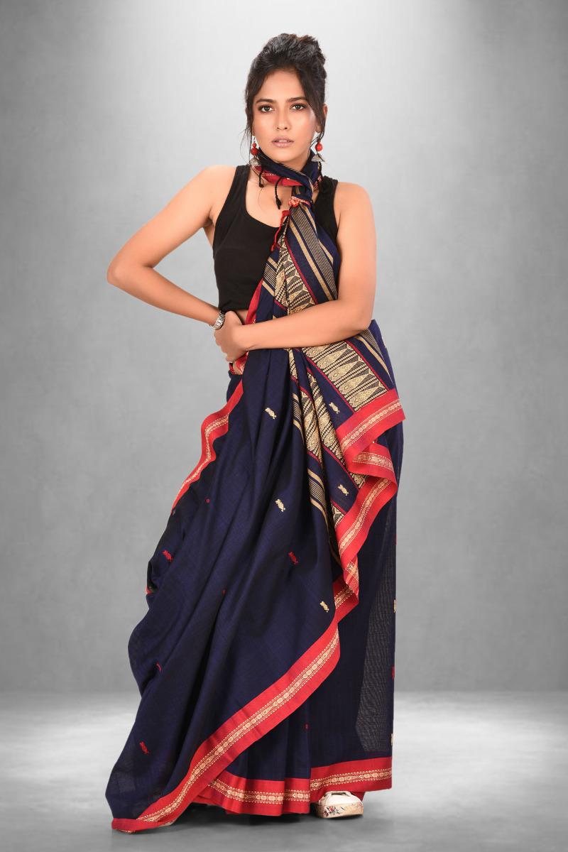 Blue Mercerised cotton Saree with Fish Motif