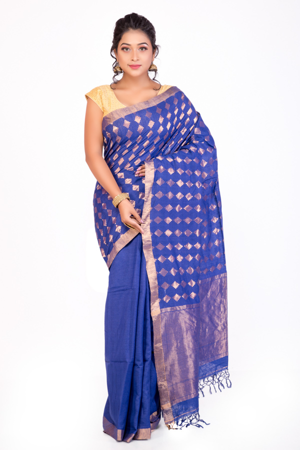 Blue Tassar Silk with Golden Motifs