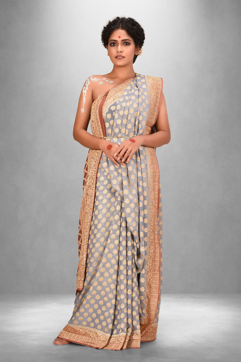 Bluish Grey and Dark Nude Khaddi Benarasi Saree