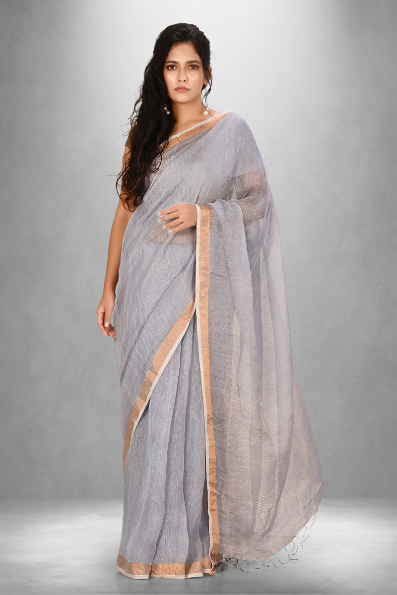 Bluish grey Tissue linen Saree