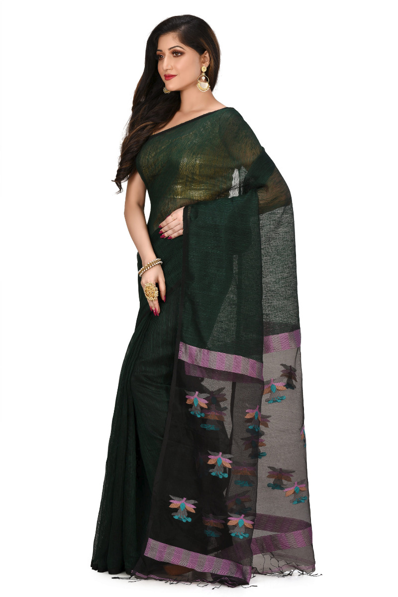 Bottle Green Resham and Matka Silk Handloom saree