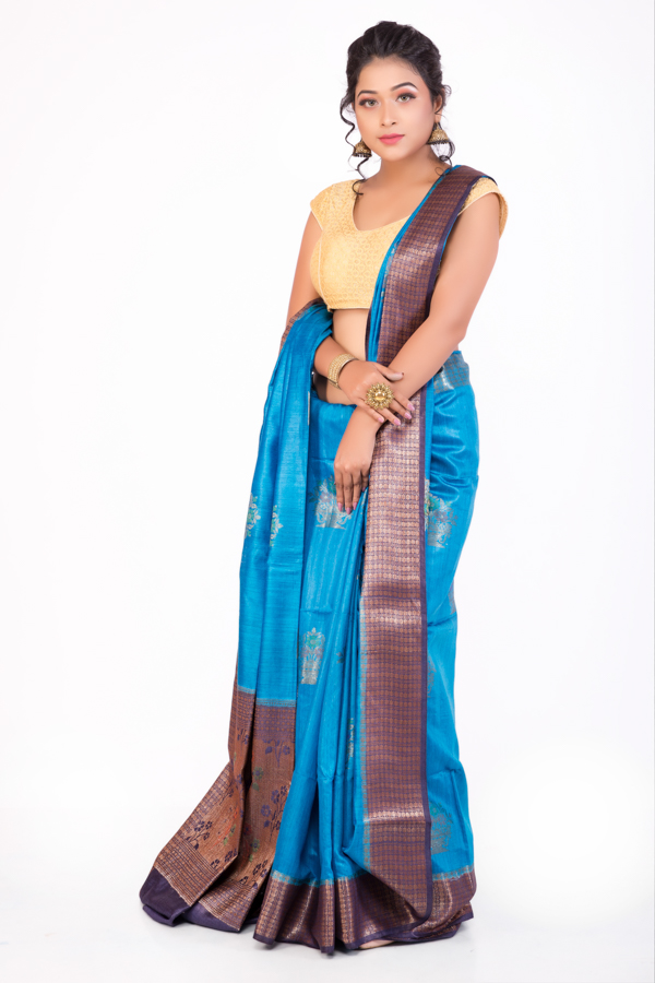 Bright Blue Mooga Silk Saree