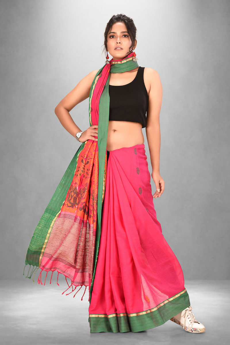 Bright Pink and Green Border cotton saree