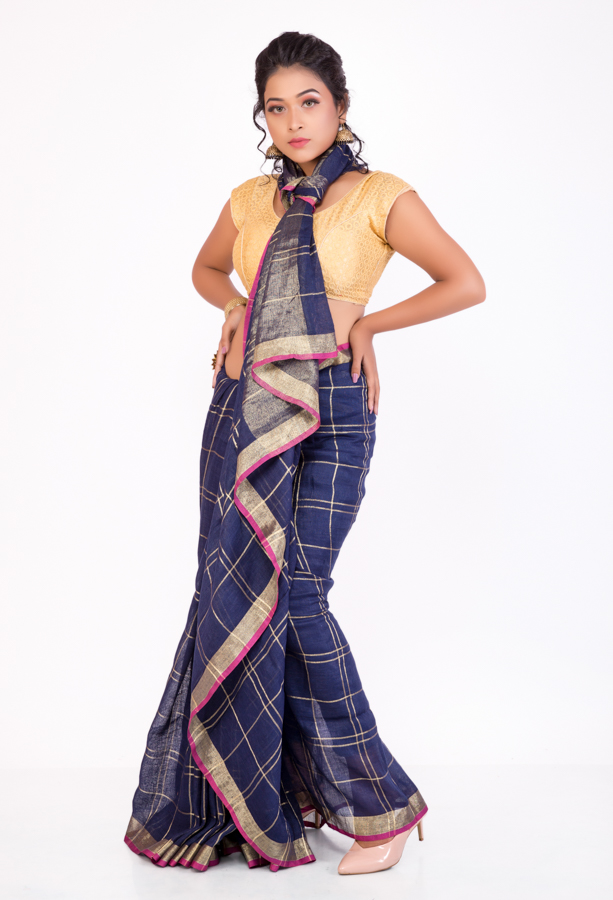 Checked Blue Linen Handloom Saree