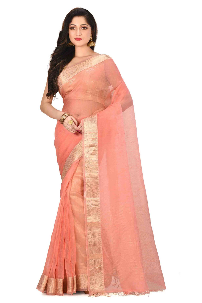 Coral Linen Zari Silk Handloom Saree with Benarasi Border