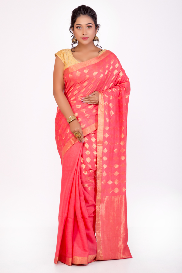 Coral Tassar Saree with Golden Motifs