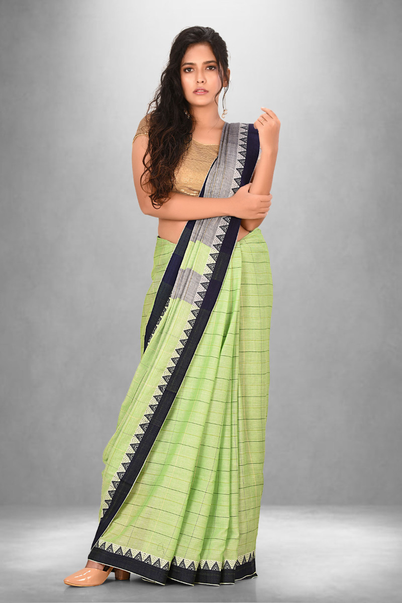 Cotton Green and Blue bordered Handloom Saree