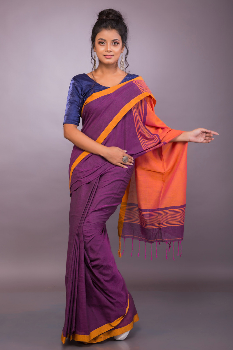 Cotton Handwoven Purple saree with orange Border