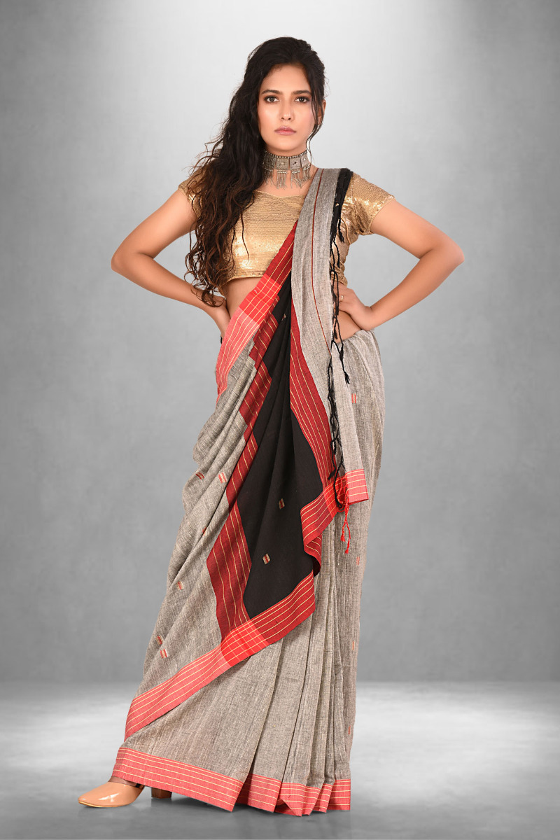 Cotton Mercerised Grey Handloom Saree