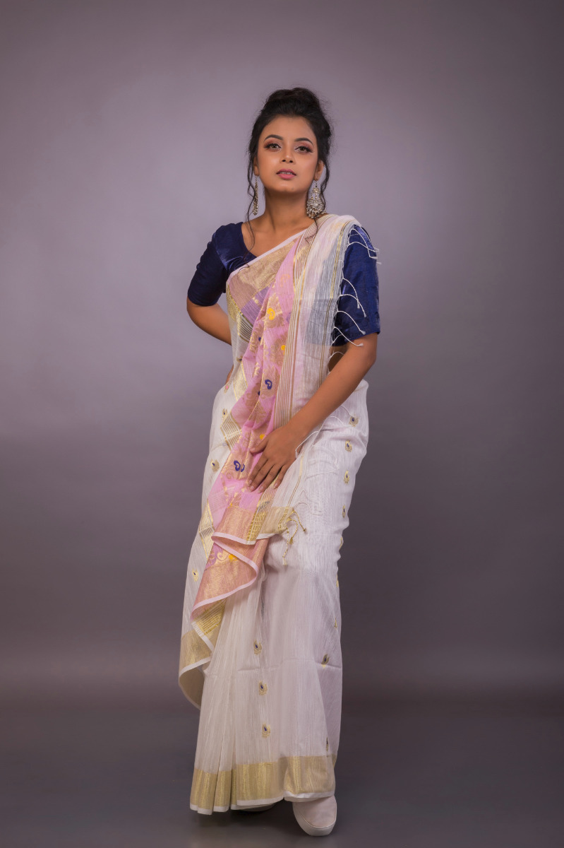 Cotton silk White handwoven saree with Jamdani work and buta