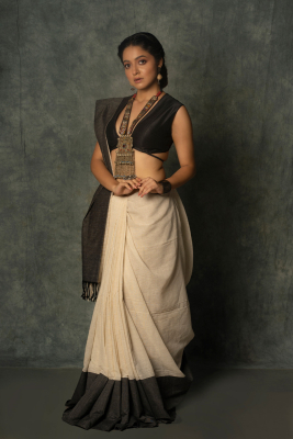 Off White Cotton Khadi Saree with Dark Slate Border