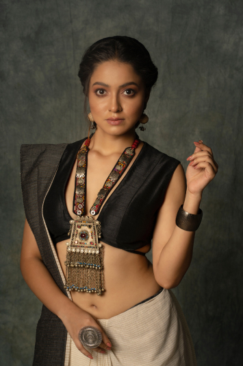 Off White Cotton Khadi Saree with Dark Slate Border