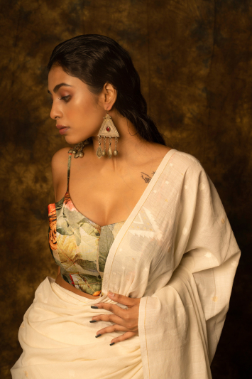 Khadi White Saree with White Jamdani Work