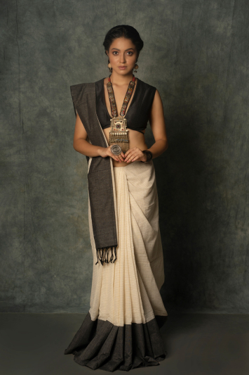 Off White Cotton Khadi Saree with Dark Slate Border