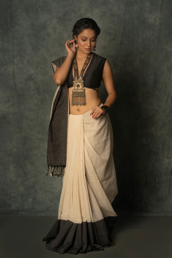 Off White Cotton Khadi Saree with Dark Slate Border