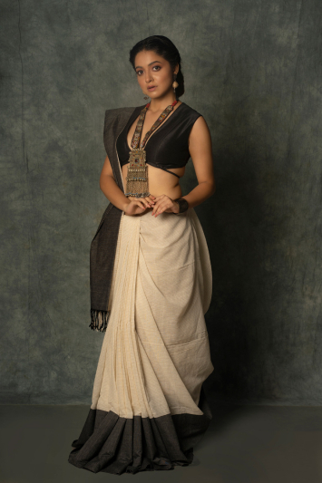 Off White Cotton Khadi Saree with Dark Slate Border