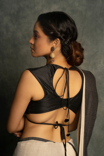 Off White Cotton Khadi Saree with Dark Slate Border