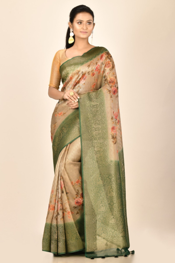 Floral printed tissue silk benarasi border