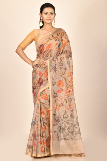 Floral printed cotton silk saree