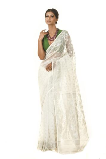 Soft Dhakai Jamdani with Silver Zari Saree