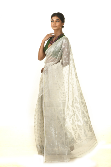 Soft Dhakai Jamdani with Silver Zari Saree