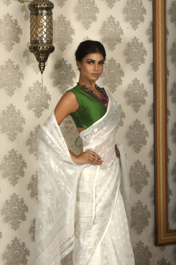 Soft Dhakai Jamdani with Silver Zari Saree