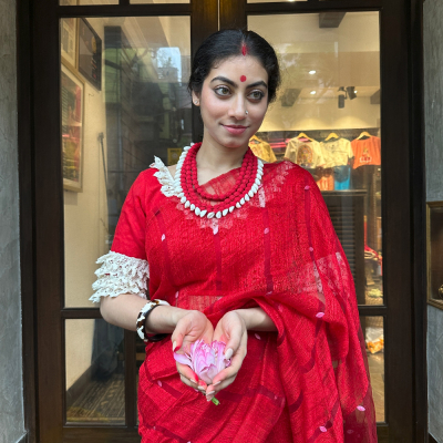 Red designer blouse with frill