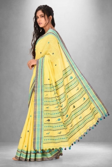 Linen Saree With Bright Green Border