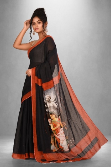 Mulmul Cotton Saree With Durga Print Pallu