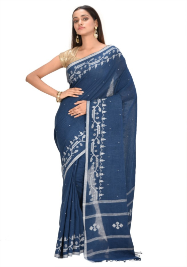 Pure Indigo Khadi Cotton Saree With Jamdani Work