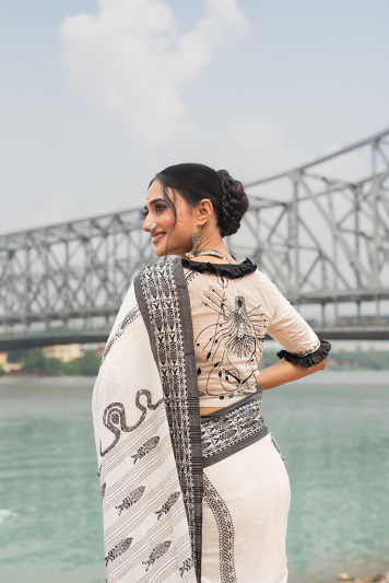 Chanderi silk hand embroidery with frill blouse
