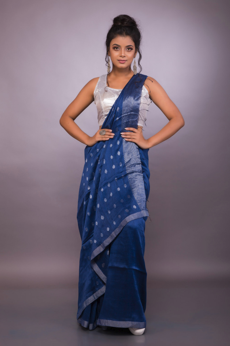 Dark blue Silk Linen Saree with zari buta