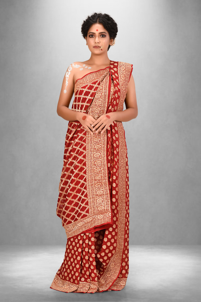 Dark Coral Khaddi Benarasi Saree