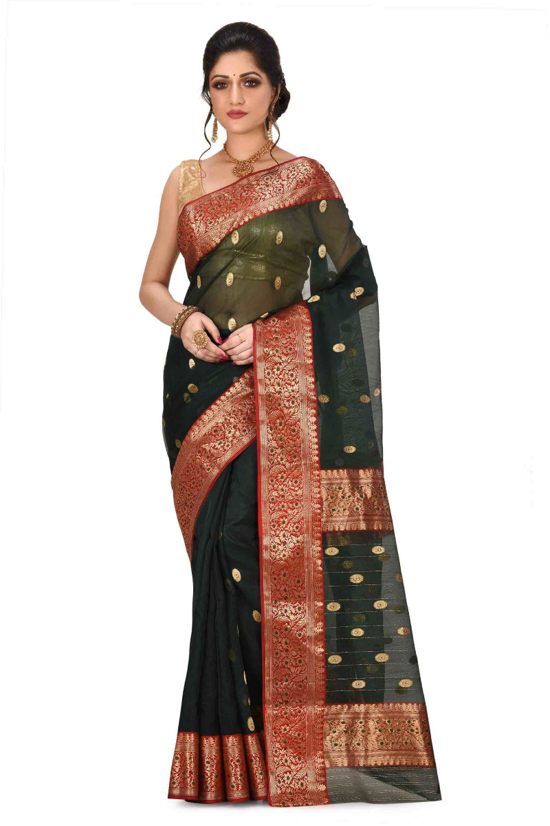 Dark Green Meenakari Chanderi Resham Saree