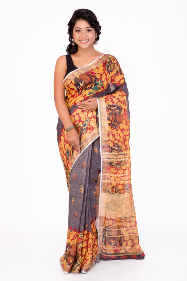 Dark grey Digital printed Linen Saree